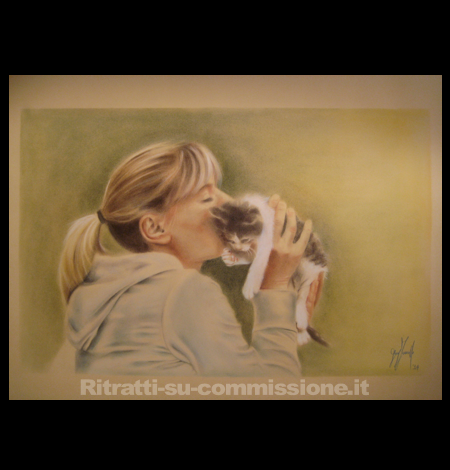 RITRATTO DI DONNA CON GATTO (Ritratto a matite colorate su commissione da foto)